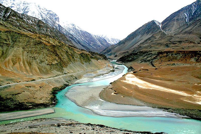 The 'sangam' meaning confluence of Zanskar and Sindu rivers in the Ladakh region of Jammu and Kashmir, India