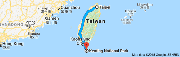 Taipai to Kenting Road Trip Route