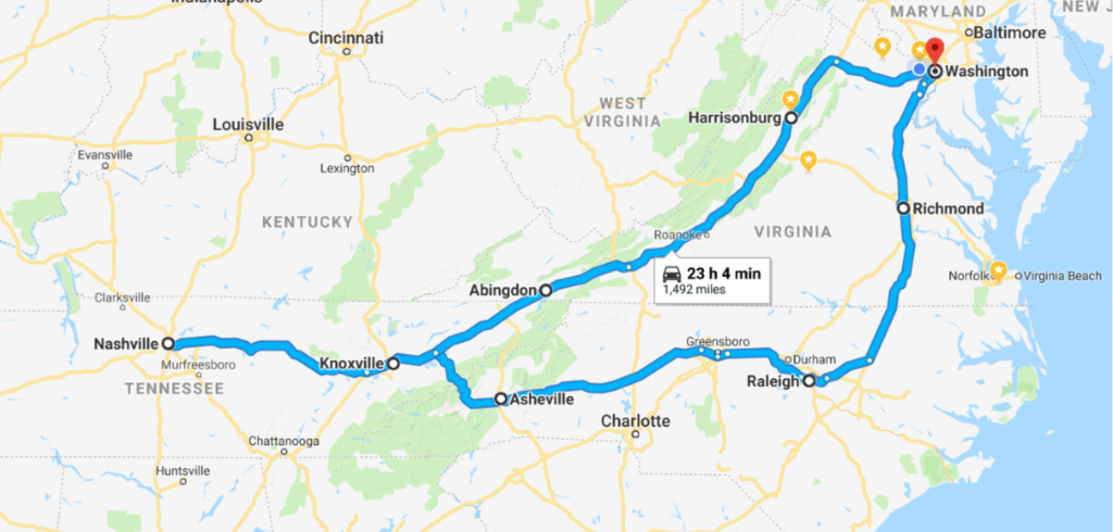 DC to TN Road Trip Route